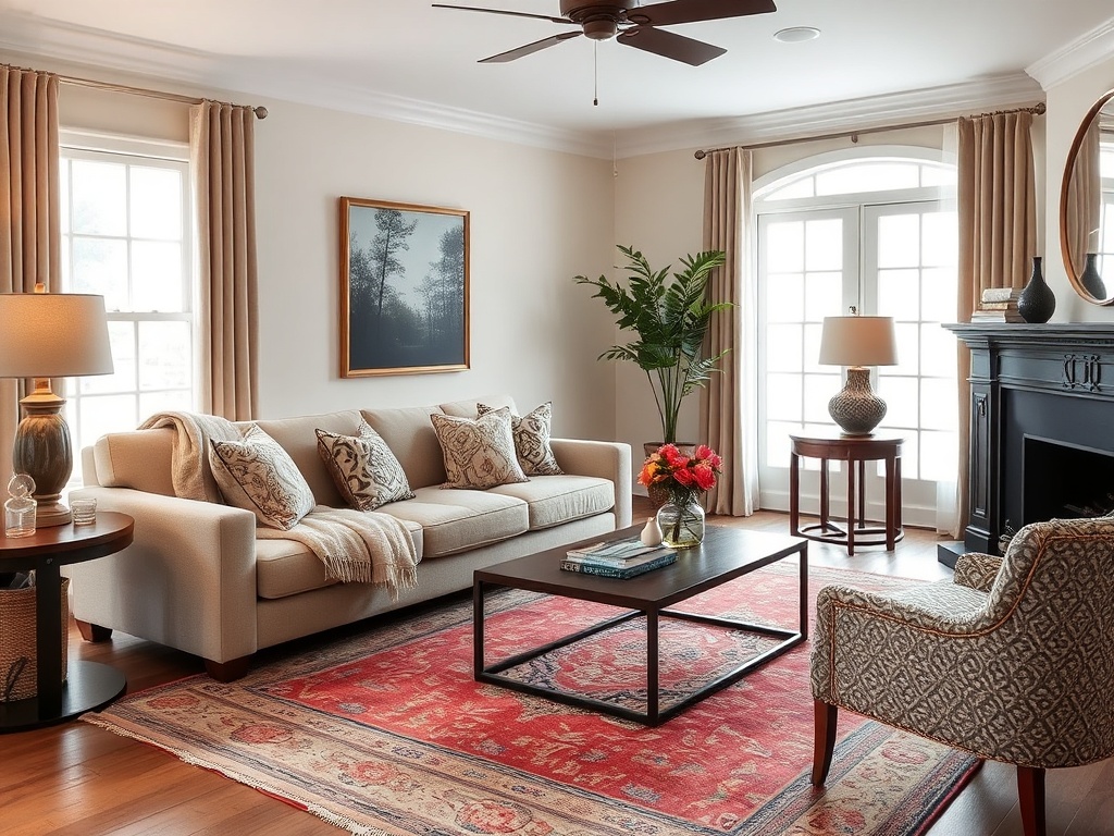 living room with high-end sofa, inexpensive vintage throw, accent chairs, layered textiles