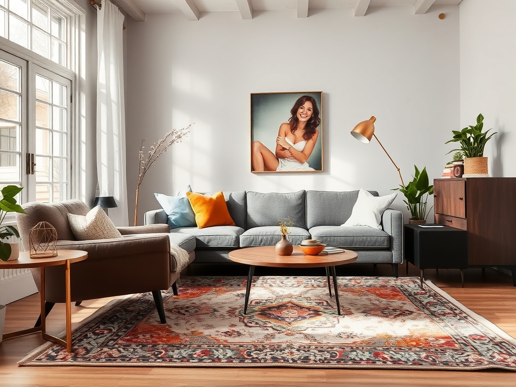 modern living room with layered textures, mid-century sofa, vintage rug, natural light, warm brass accents