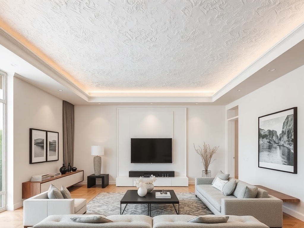 modern living room with textured ceiling, framed artwork on walls, balanced color palette