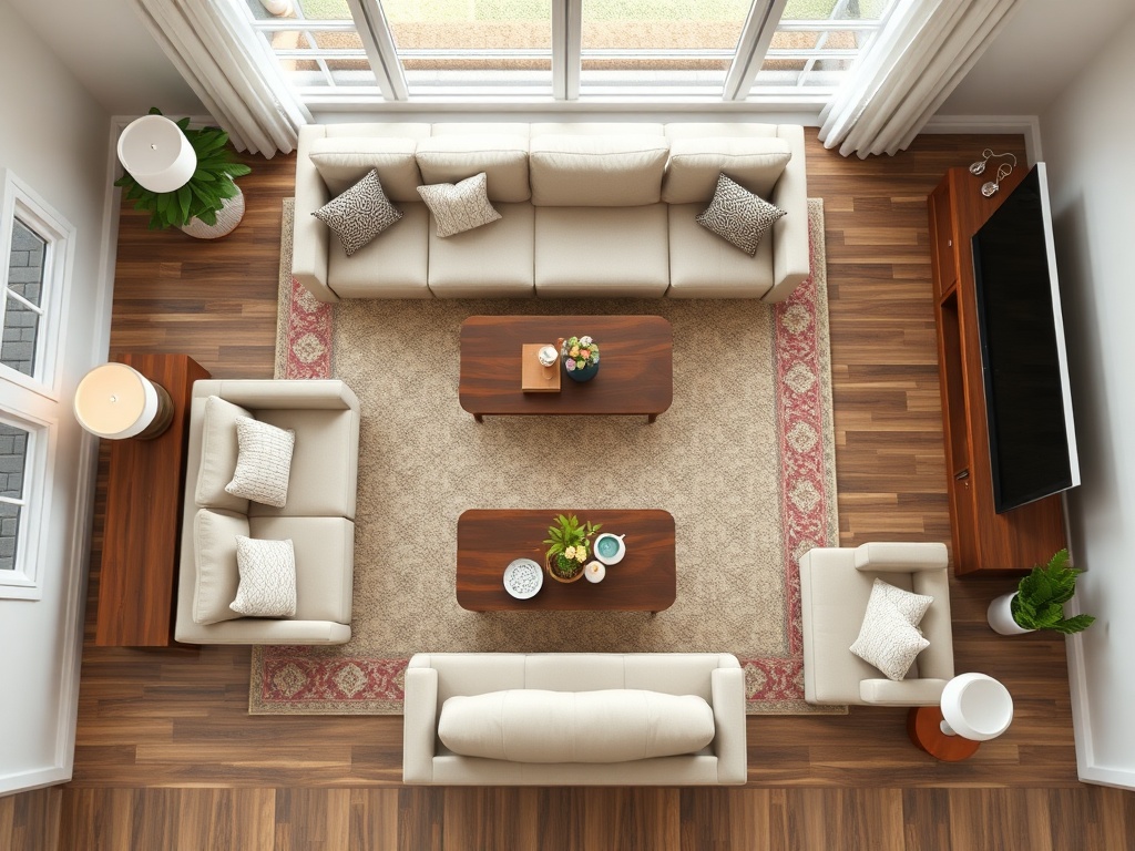 overhead shot of living room showing rug placement and furniture layout proportions