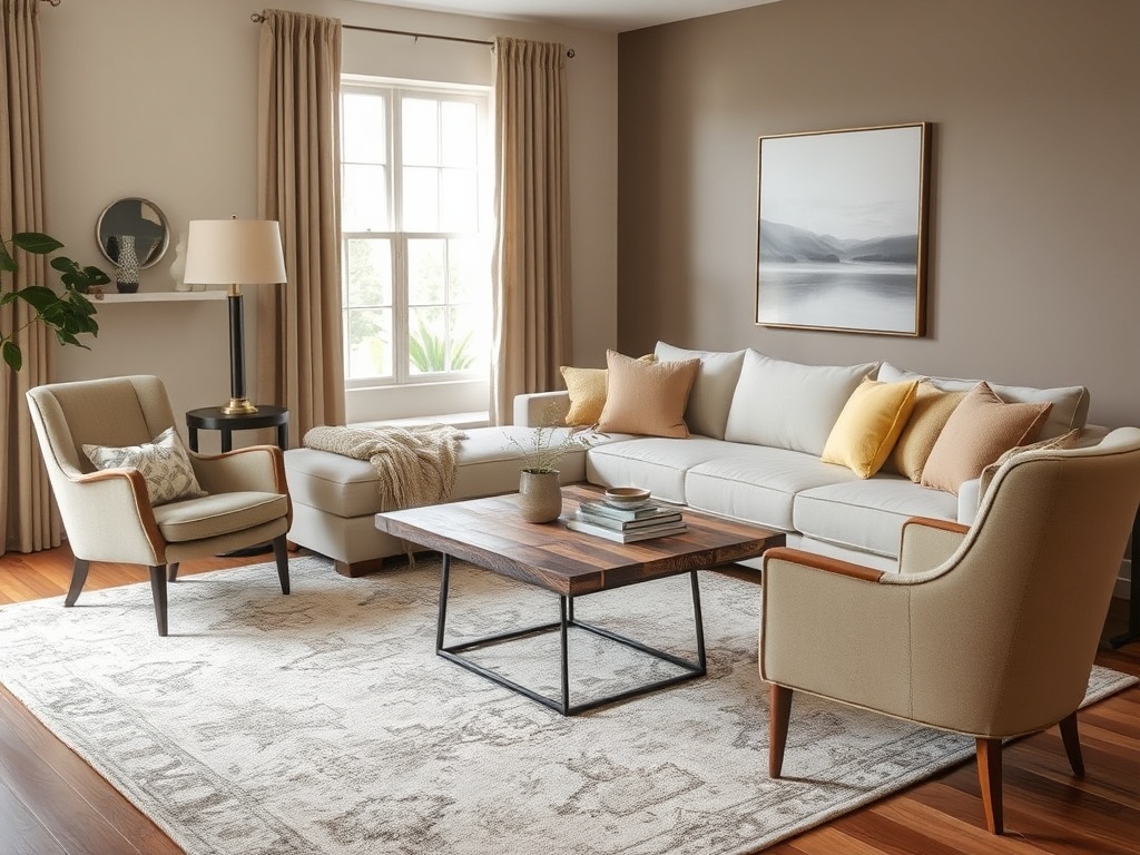 a living room with a neutral sofa paired with a vintage accent chair, textured rug, and mixed material coffee table