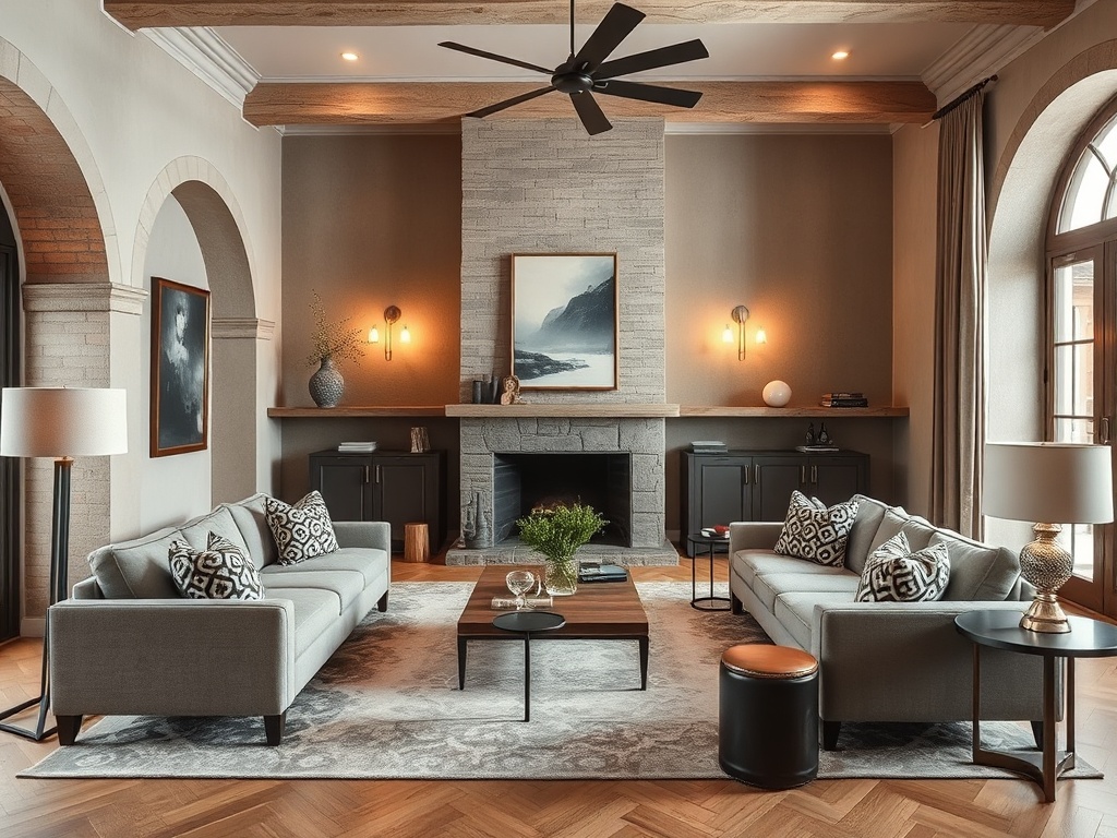 a thoughtfully designed living room with layered textures, balanced furniture layout, warm lighting, architectural details, and a mix of modern and vintage elements
