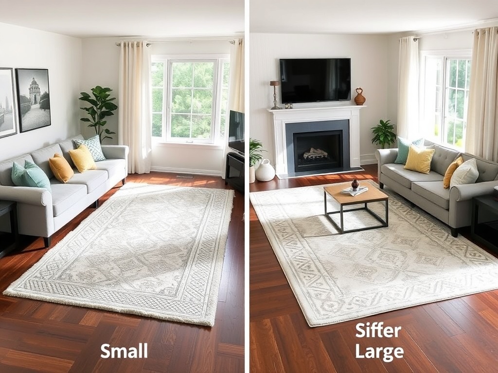 comparison of small rug versus properly sized large rug in a living room showing furniture alignment and spatial balance