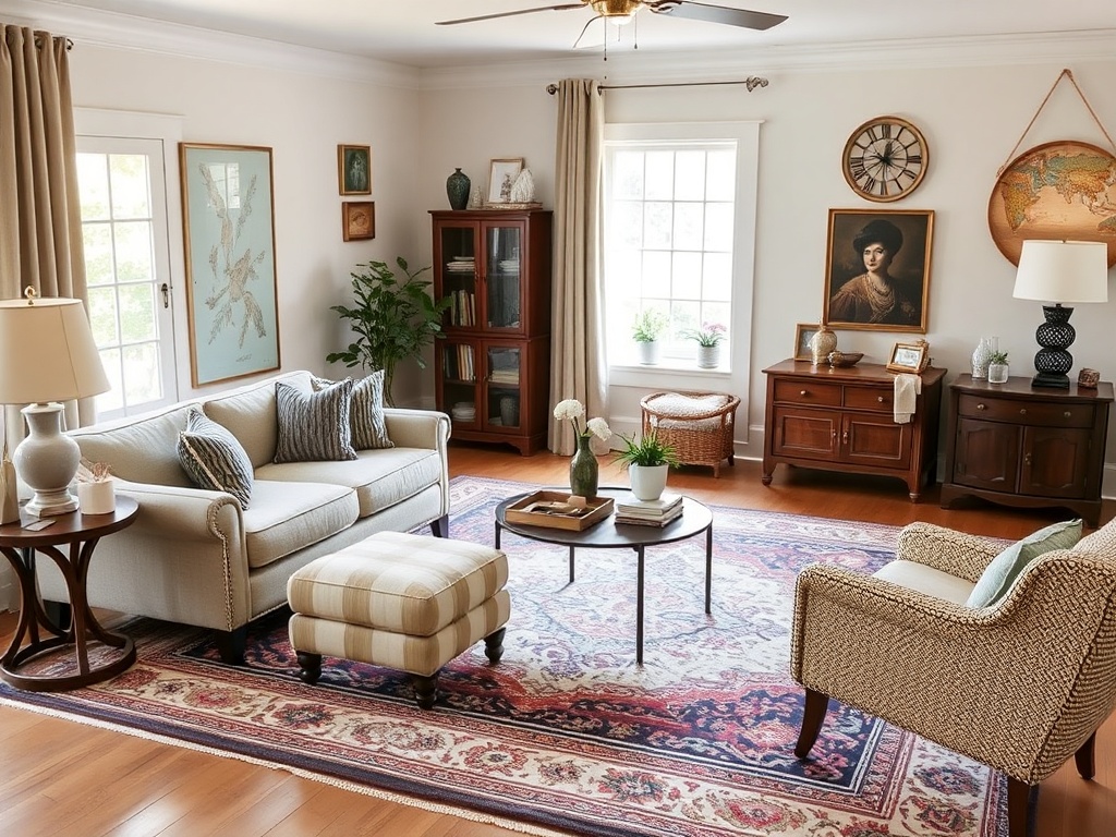 high-low mix living room with premium rug and sofa paired with affordable side tables and vintage decor