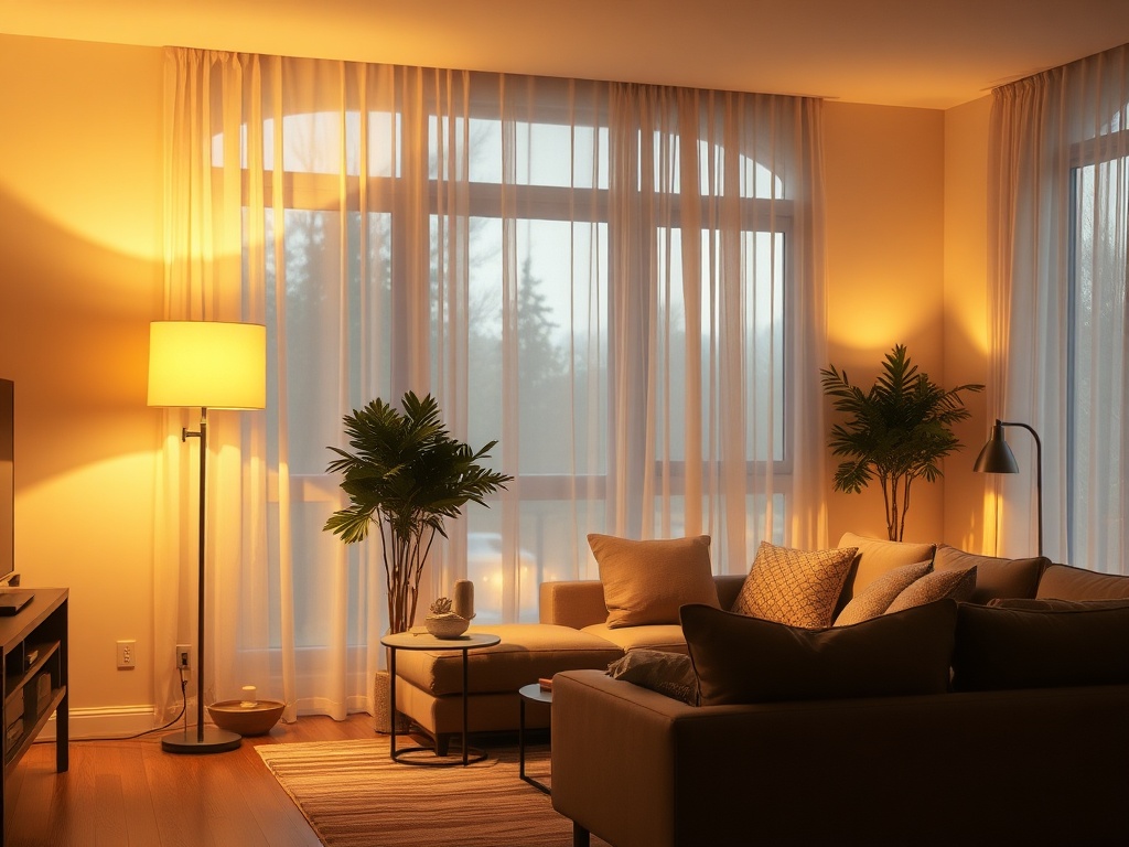 layered lighting in a living room with floor lamp, table lamp, and warm ambient lighting creating depth and shadows