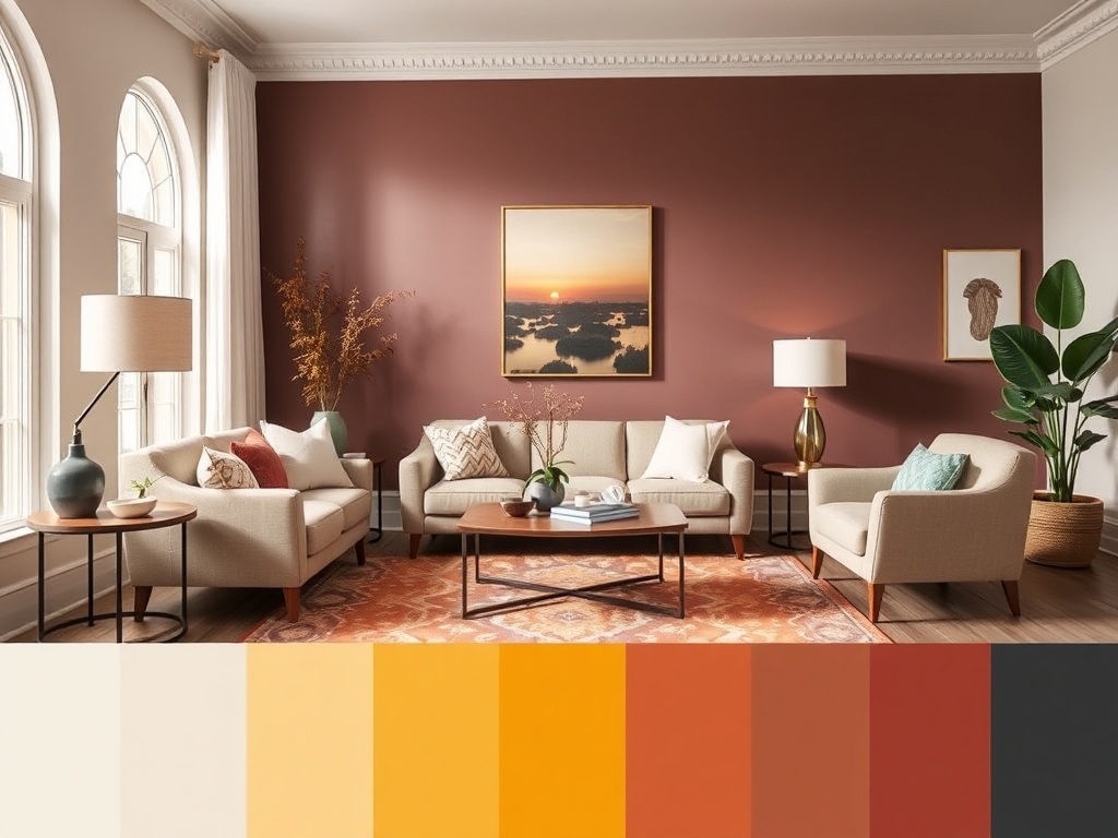 living room demonstrating balanced color distribution across walls, rug, furniture, and accessories