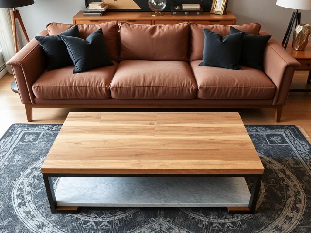 well-proportioned coffee table in front of sofa with correct height and length, made of natural wood or stone