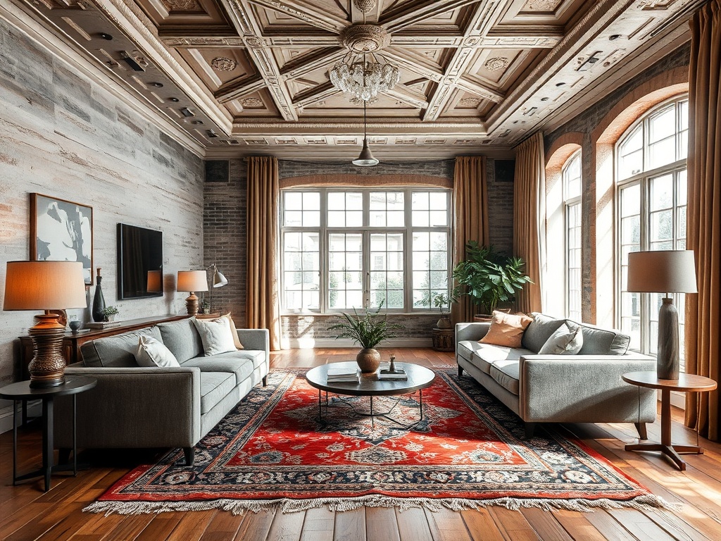 a layered living room with mixed textures, vintage rug, modern sofa, dramatic ceiling detail, natural light and warm lamps, architectural composition