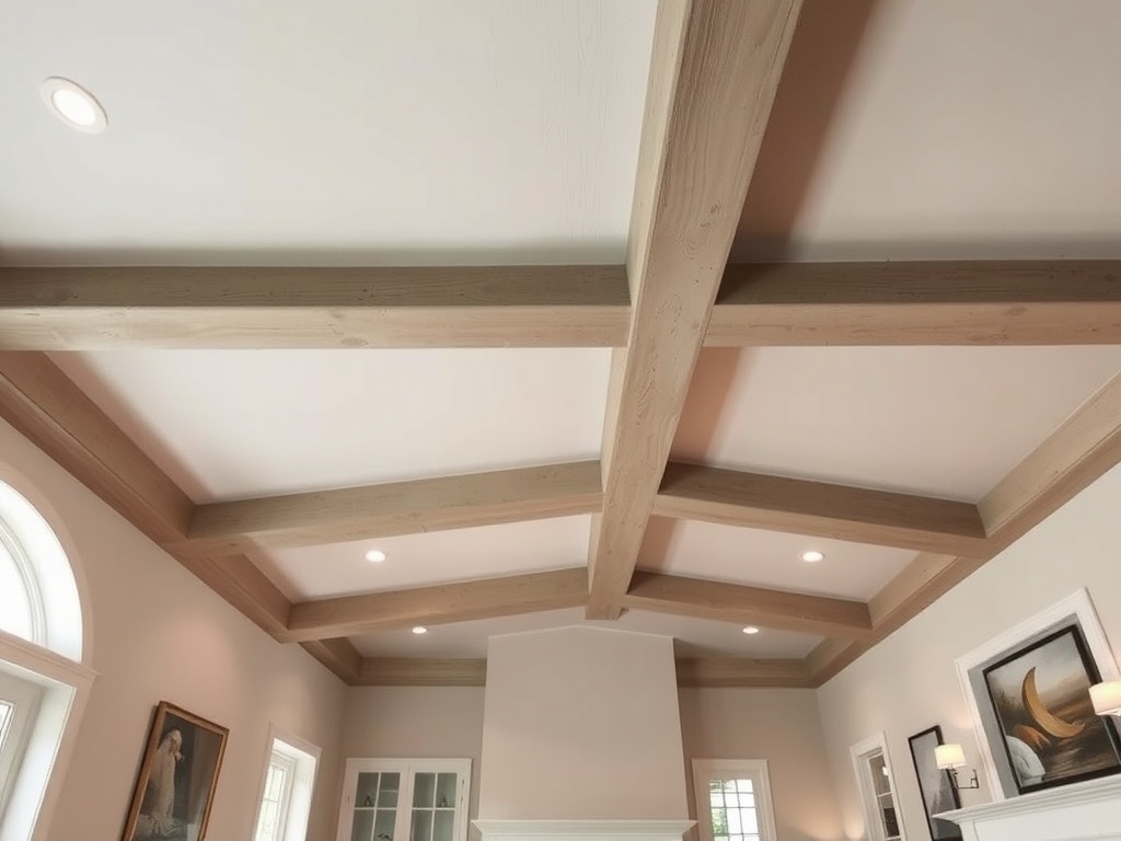 ceiling with subtle painted tone, architectural beams, soft lighting highlighting texture in a refined living room