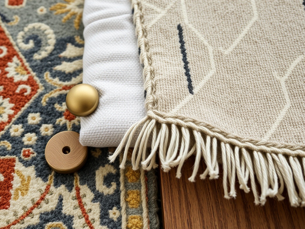 close-up of mixed materials: vintage rug texture, brass hardware patina, linen fabric, wood grain, layered tactile composition