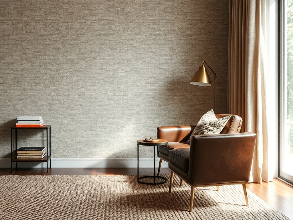layered textures in a living room, boucle fabric, leather chair, brass lamp, woven rug, soft natural light emphasizing depth