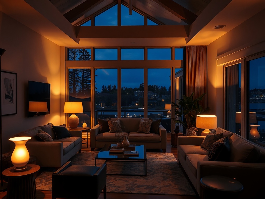 living room at night with layered lighting, warm table lamps, floor lamp, soft shadows, cozy but architectural ambiance