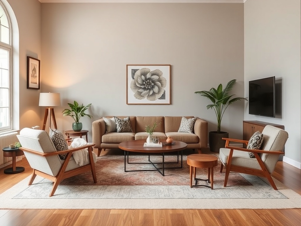 living room furniture pulled away from walls, sofa floating, chairs angled inward, cohesive conversational layout