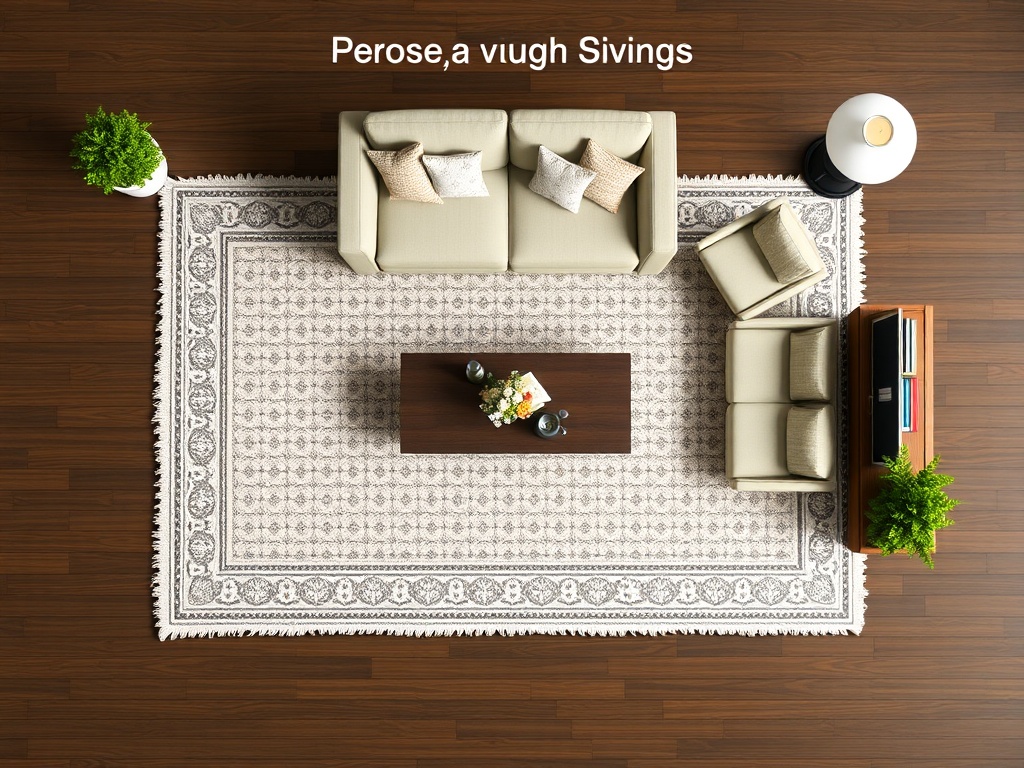 top-down layout of a living room showing proper rug size, furniture placement, sectional sofa and accent chairs arranged proportionally