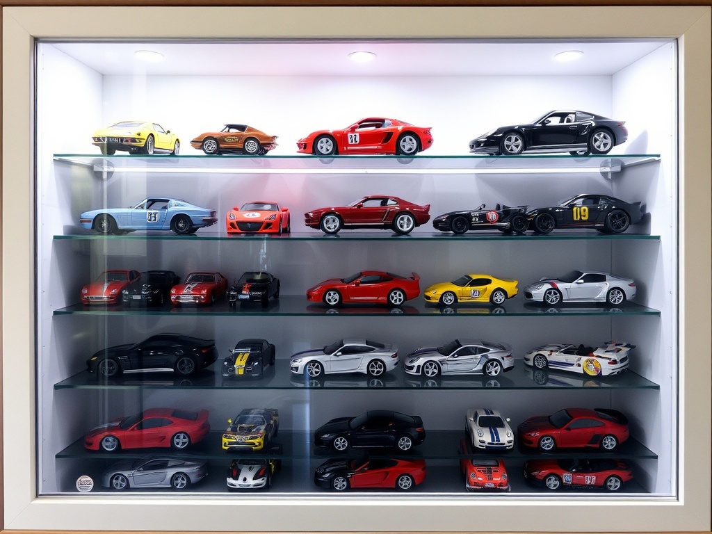 A curated diecast car collection displayed in a climate-controlled display case, showcasing attention to detail and proper lighting