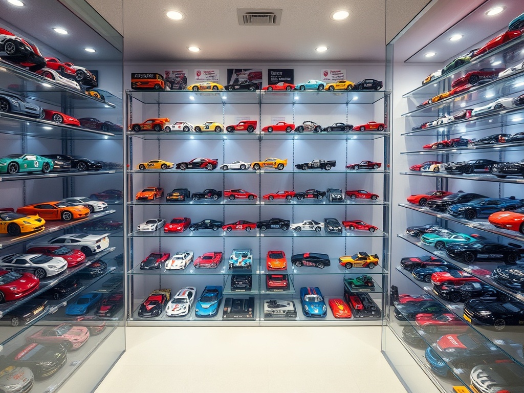A diecast collection neatly organized in a climate-controlled display, featuring soft LED lights and protective glass