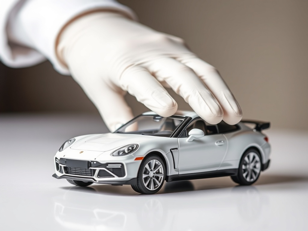 A diecast model car being carefully handled with white gloves, showcasing best practices for preservation