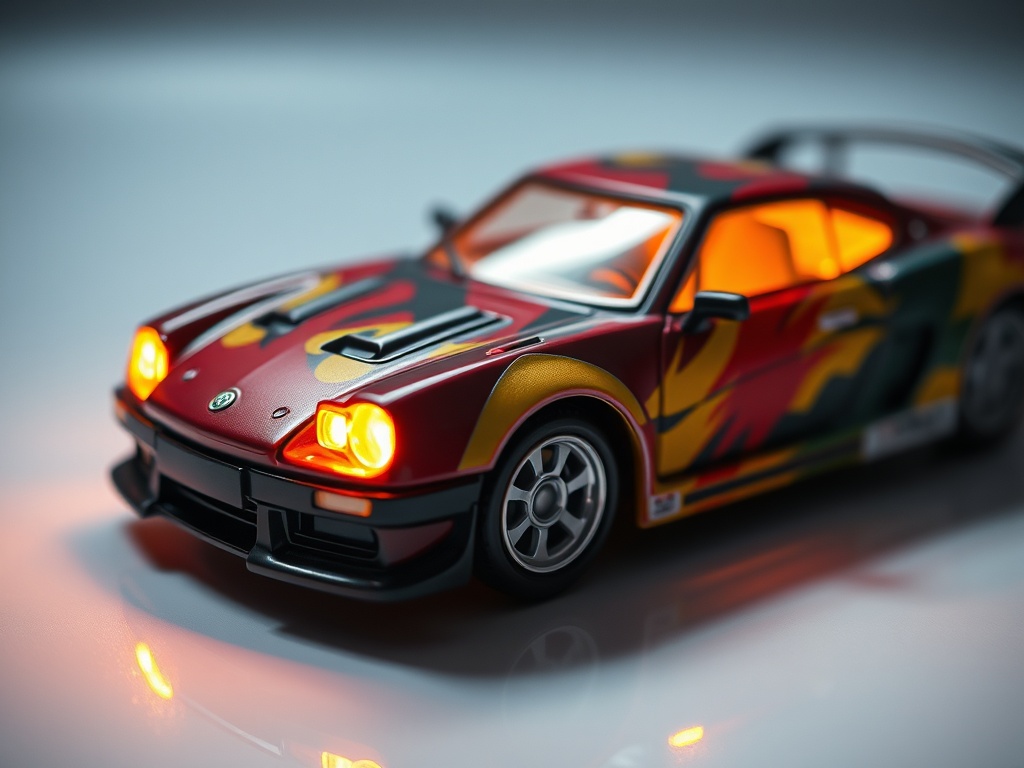 Close-up of a diecast model car, illuminated by soft LED lights, showcasing detailed tampo printing and shut lines