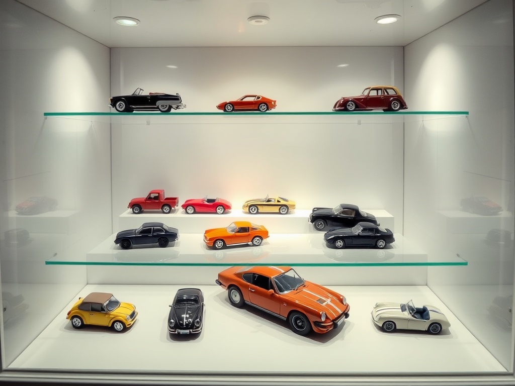 clean archival display case with multiple miniature cars arranged under soft white lighting, no fingerprints visible, immaculate presentation