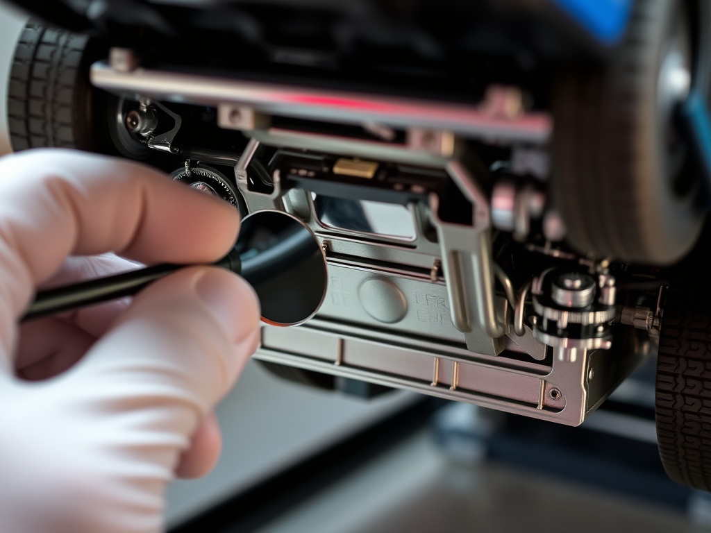 collector using a small dental mirror to inspect underside of a detailed model car, gloved hands, technical inspection setup