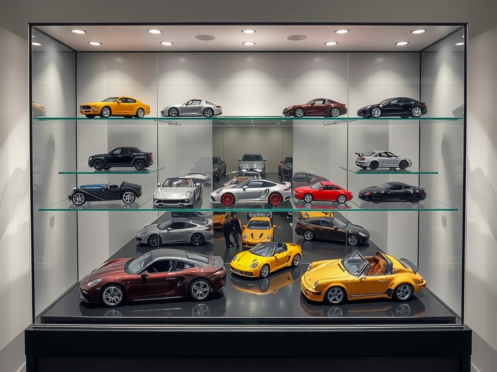 luxury diecast collection displayed in a museum-style glass case with perfect lighting and immaculate surfaces