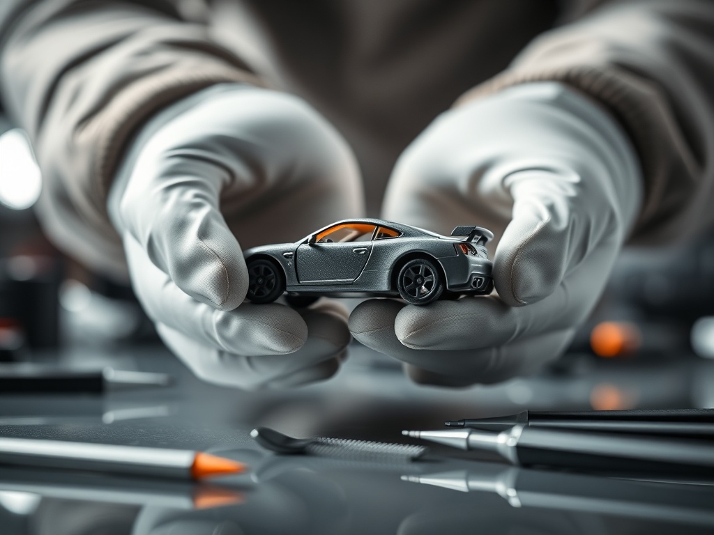 macro view of gloved hands carefully holding a detailed miniature car under soft studio lighting, reflective surface, precision tools nearby