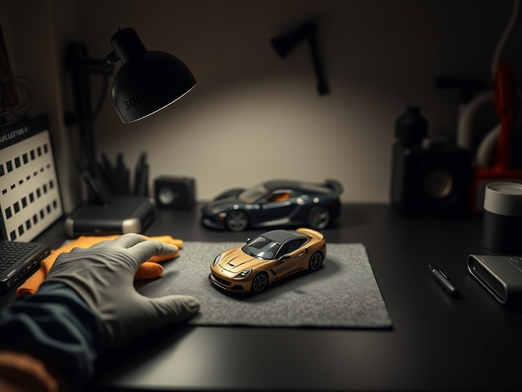 minimalist collector workspace with gloves, microfiber cloth, precision lighting and a single detailed model car centered