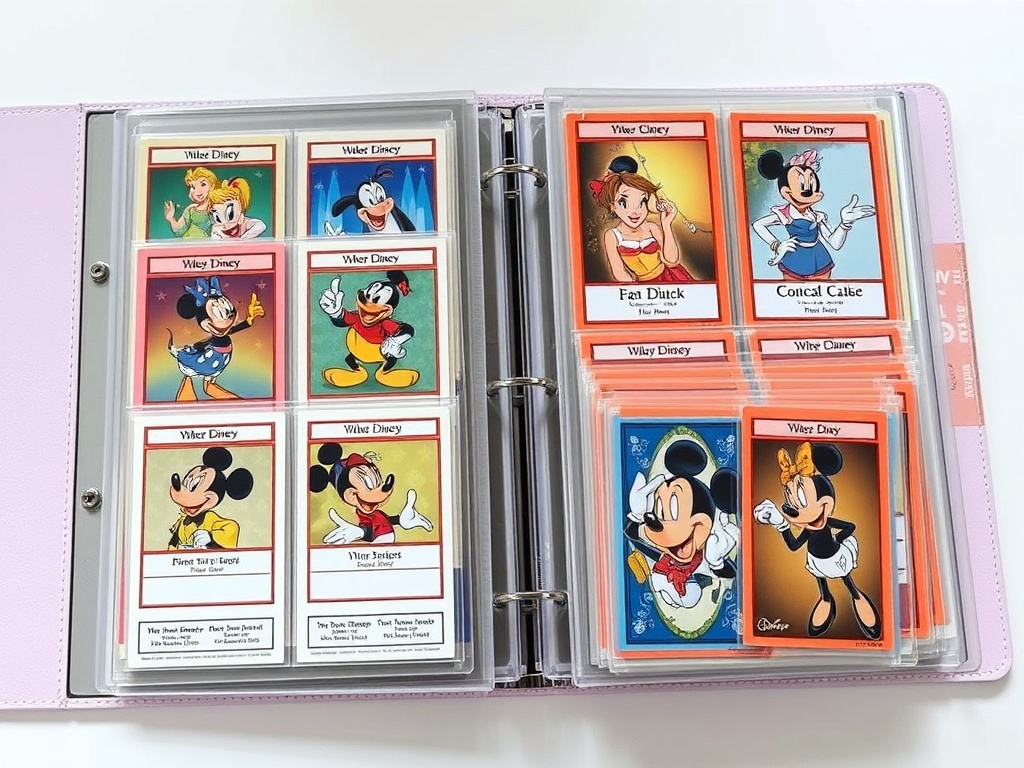 a neatly organized binder of Disney trading cards with labeled sections and protective sleeves