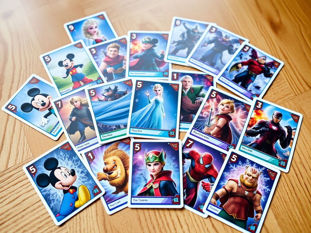 a vibrant spread of Disney trading cards featuring Mickey Mouse, Elsa, and Marvel characters arranged on a wooden table with soft lighting