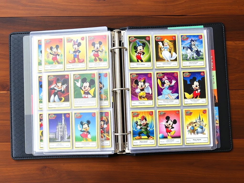 beautifully curated Disney card collection displayed in a premium binder with colorful themed pages