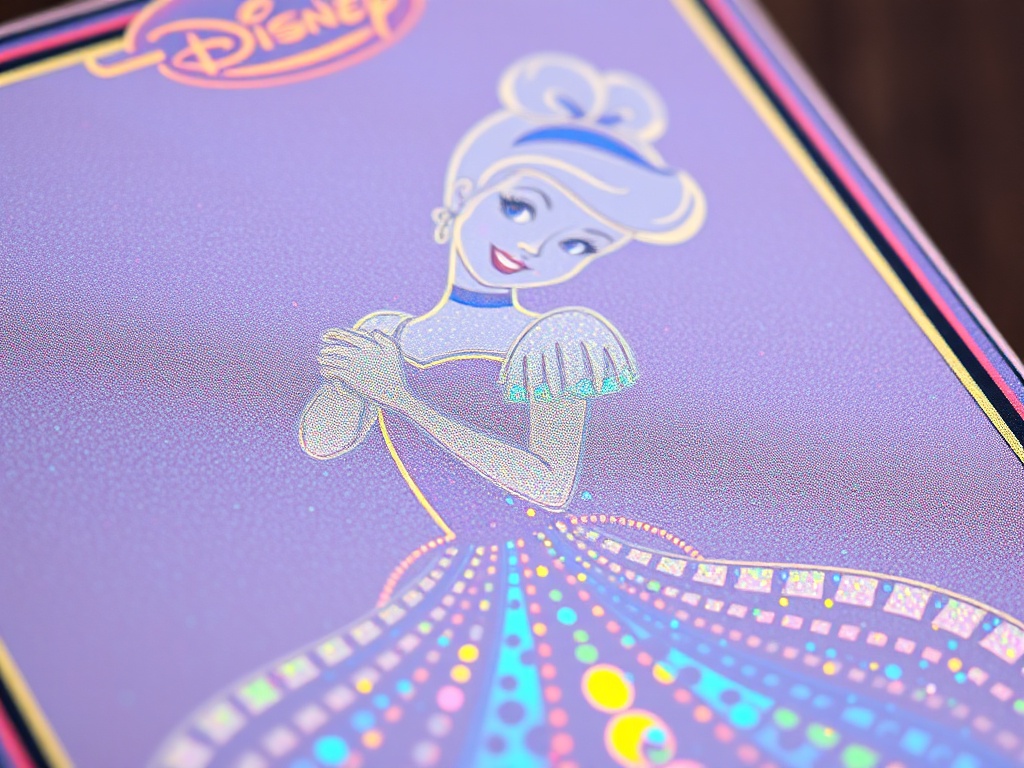 close-up of a rare Disney card with holographic foil featuring Cinderella in a magical glow, highlighting texture and detail