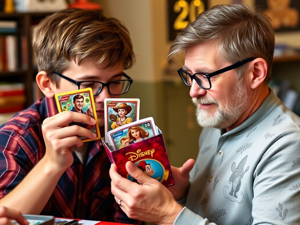 collector opening a Disney card pack with anticipation, showing multiple card tiers from base to rare inserts