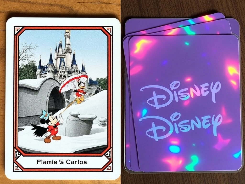 contrast between vintage Disney trading cards with classic artwork and modern holographic Disney cards side by side