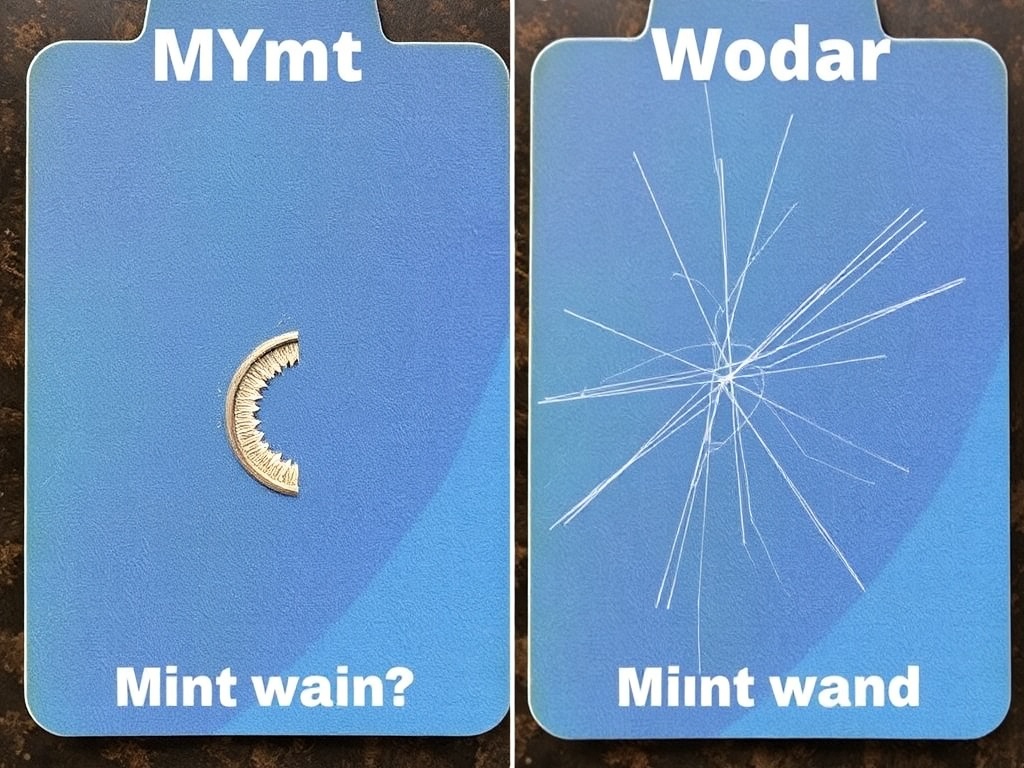 side-by-side comparison of mint vs worn Disney trading card showing corner wear and surface scratches