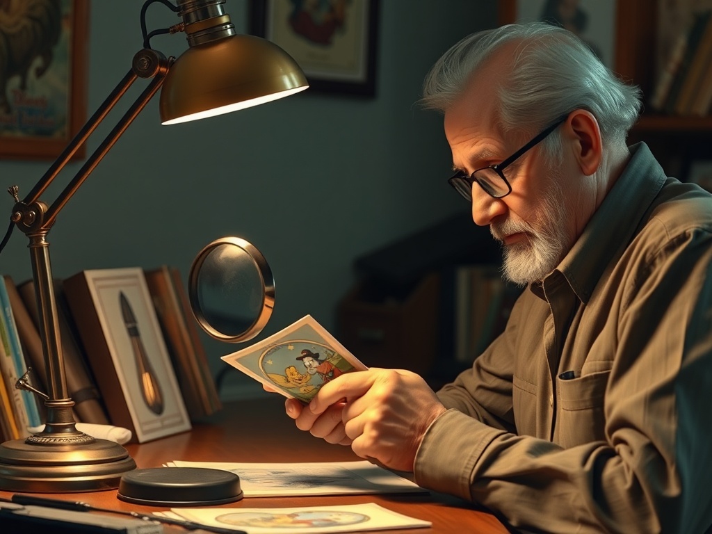 thoughtful collector examining a Disney card closely under a desk lamp with magnifying glass