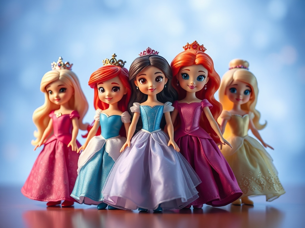 Disney Animator dolls childlike princess designs arranged together soft lighting
