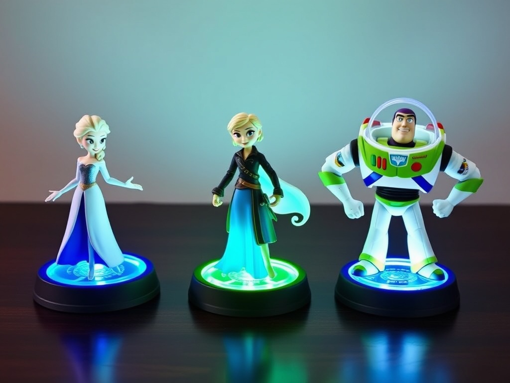 Disney Infinity figures glowing bases lined up including Elsa, Jack Sparrow, and Buzz Lightyear