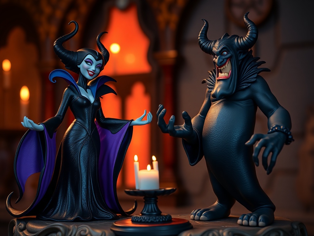 Disney villain figures Maleficent Ursula Scar dramatic lighting collectible display