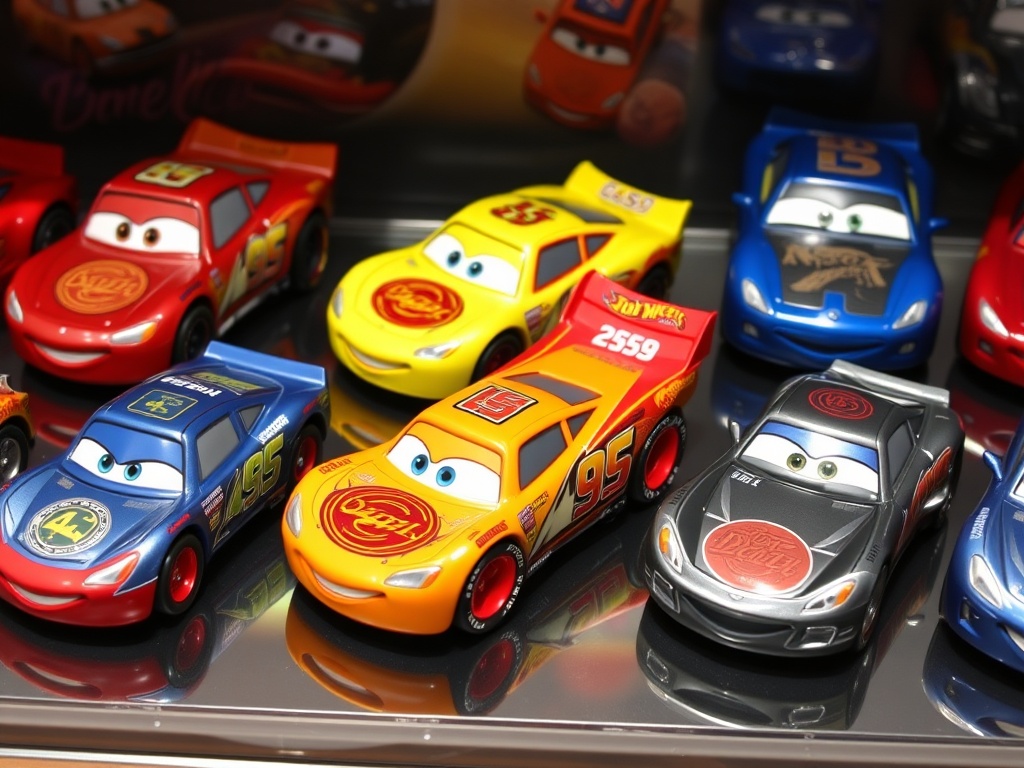 Lightning McQueen diecast toy lineup with detailed paint and metallic finish, arranged in collector display case