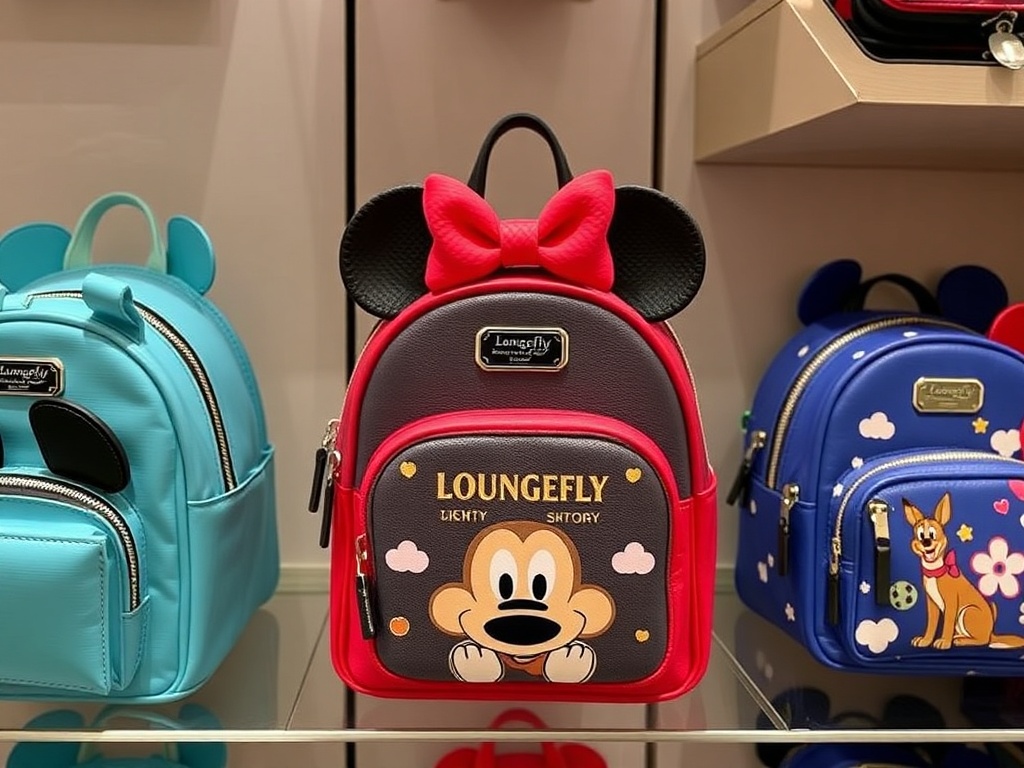 Loungefly Disney mini backpack featuring character design vibrant colors displayed on shelf