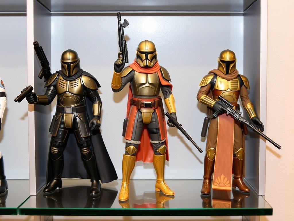 Star Wars Black Series figures posed with detailed armor and weapons on shelf