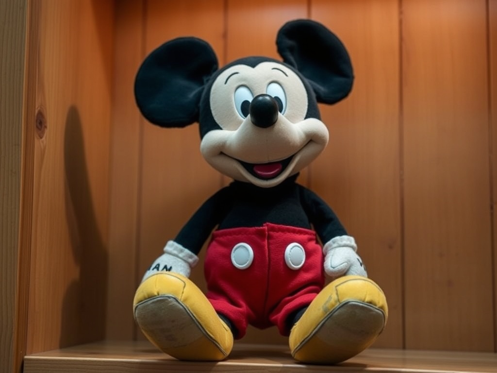 vintage Mickey Mouse plush toy with classic red shorts and worn fabric, displayed on wooden shelf with warm lighting