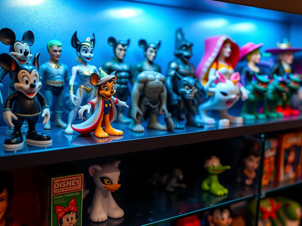 a detailed shelf of Disney collectible figures with subtle variations, close-up lighting highlighting differences in paint and packaging
