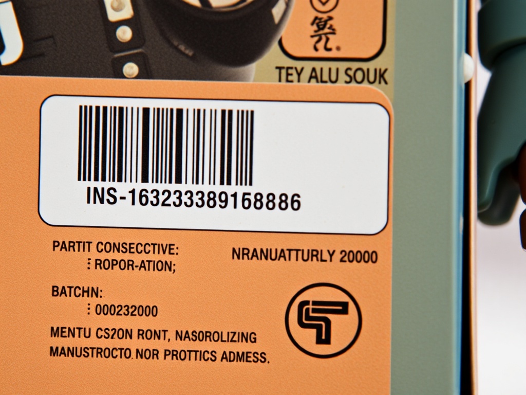 close-up of toy packaging showing small print production codes, batch numbers, and manufacturing stamps