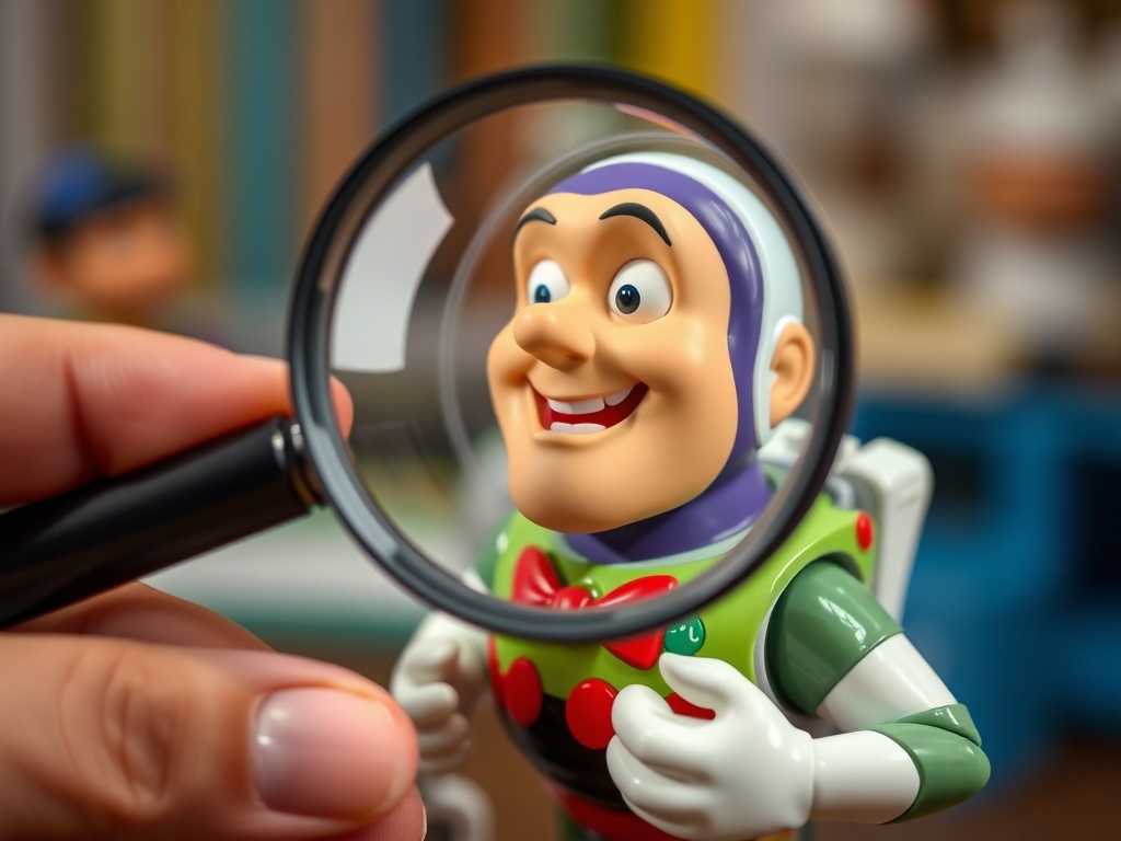 collector using a magnifying glass to inspect a Disney toy's small details and manufacturing marks