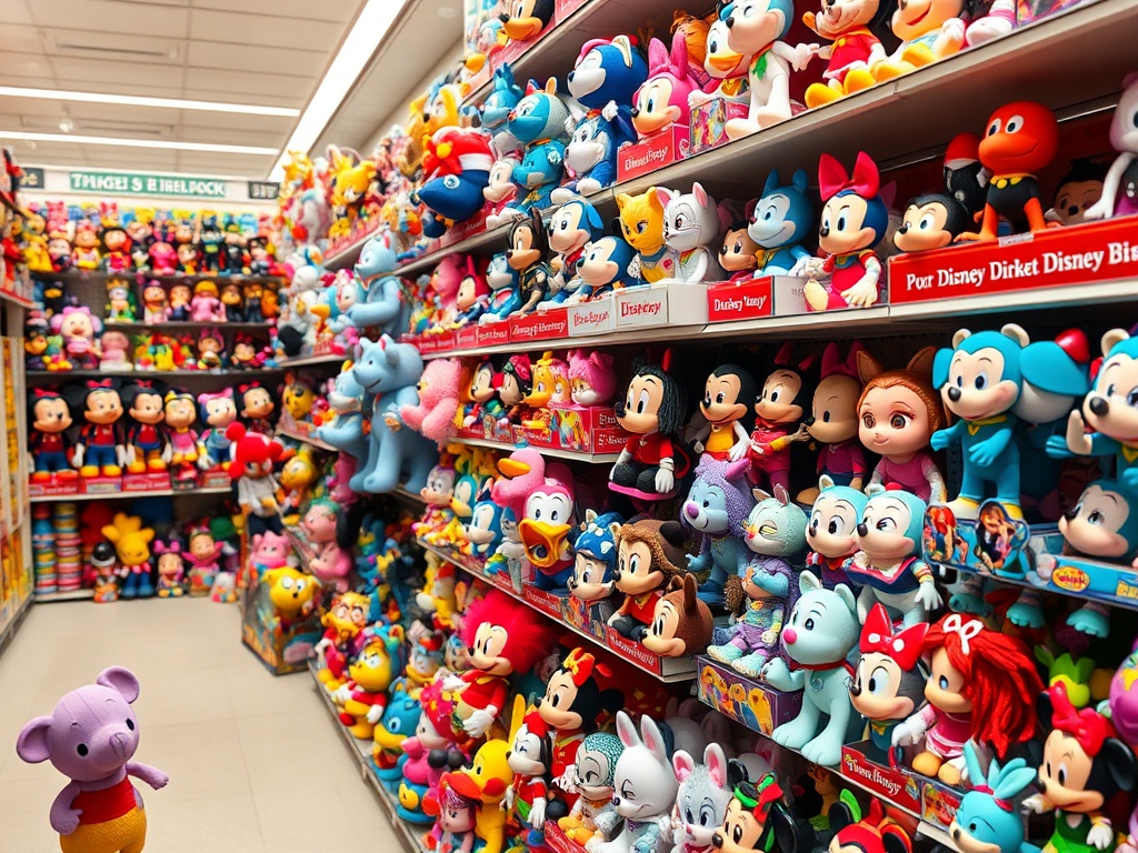 crowded toy store shelf with many similar Disney toys, one subtly different highlighted by lighting