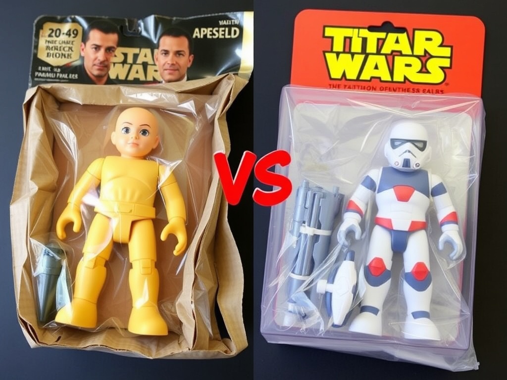 damaged toy packaging versus pristine packaging comparison emphasizing condition importance