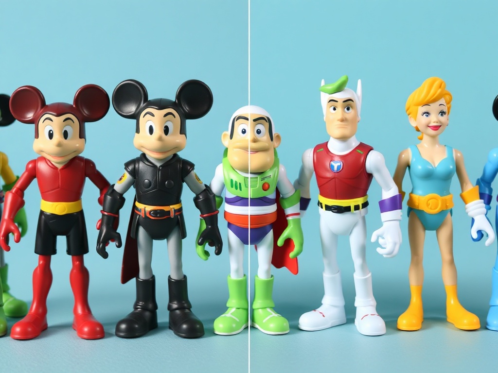 Disney toy figures with visible paint differences and small defects, arranged side by side for comparison