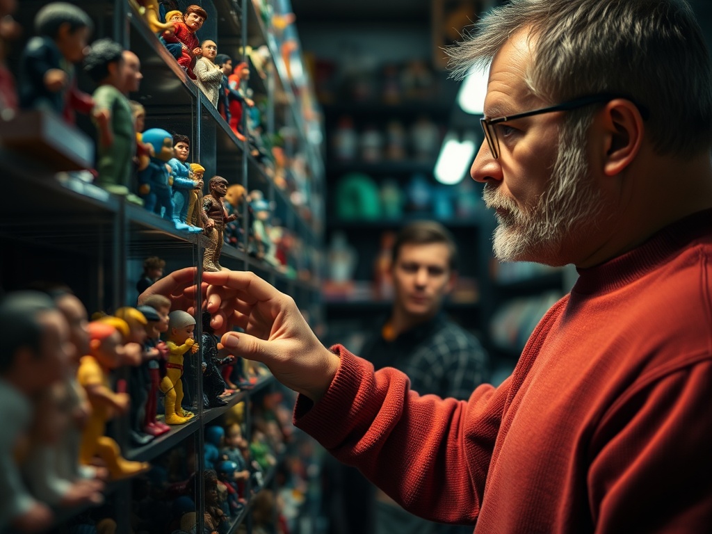 focused collector selecting one toy from a shelf while ignoring many others, dramatic lighting