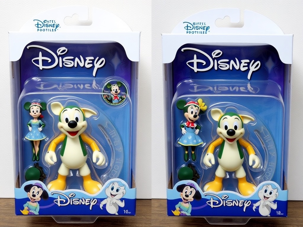 side by side comparison of two nearly identical Disney toy packages with subtle artwork differences